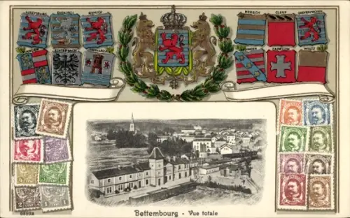 Präge Wappen Briefmarken Ak Bettembourg Luxemburg, Vue Totale