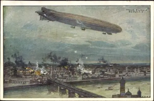 Künstler Ak Schulze, Hans Rudolf, Zeppelin, Luftschiff Schütte Lanz, Warschau bombardierend, I. WK