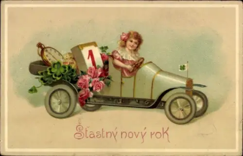 Ak Glückwunsch Neujahr, Mädchen im Auto, Klee, Uhr