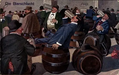 Künstler Ak Die Bierschlacht, Trinker auf Bierfässern