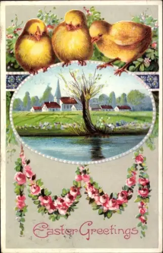 Präge Ak Glückwunsch Ostern, Küken, Dorfidylle, Blumen