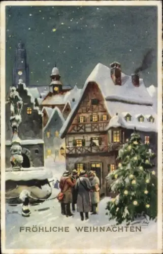 Ak Frohe Weihnachten, Dorfidyll, Tannenbaum