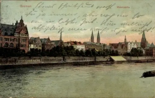 Ak Hansestadt Bremen,  Weserpartie, Weserufer, Stadtansicht mit Kirchtürmen