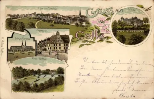 Litho Celle in Niedersachsen, Panorama, Rathaus, Kaserne, Aller, Schloss