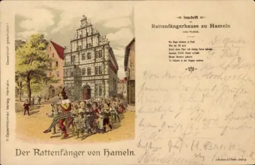 Litho Hameln an der Weser Niedersachsen, Rattenfänger, Rattenfängerhaus
