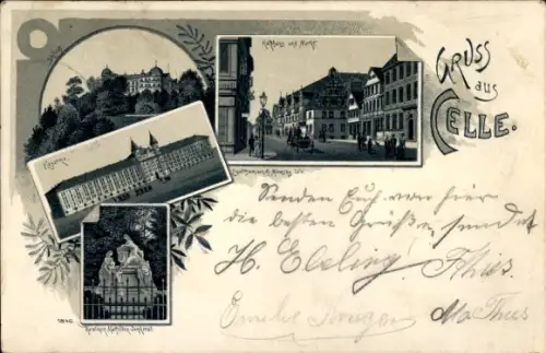 Litho Celle in Niedersachsen, Schloss, Kaserne, Denkmal, Rathaus, Markt
