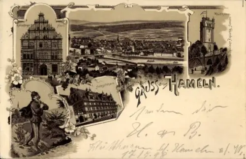 Litho Hameln in Niedersachsen, Rattenfängerhaus, Hochzeitshaus, Rattenfänger, Klätturm, Stadt