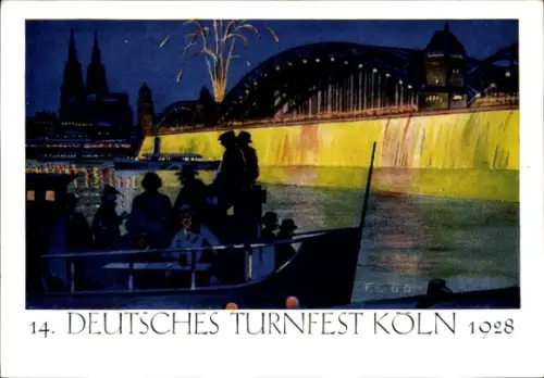 Künstler Ak 14. Deutsches Turnfest Köln 1928, Großfeuerwerk an der Hohenzollernbrücke