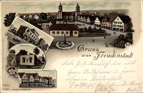 Litho Freudenstadt im Schwarzwald, Kirche, Marktplatz, Gebäude