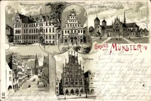 Litho Münster in Westfalen, Dom, Kirche, Rathaus, Stadtweinhaus, Lambertikirche