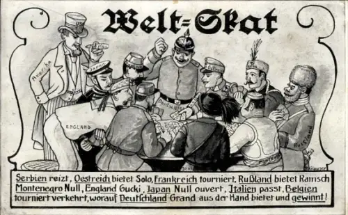 Künstler Ak Glauser, R., Welt Skat, Serbien reizt, Österreich bietet Solo, Russland, Japan, Belgien