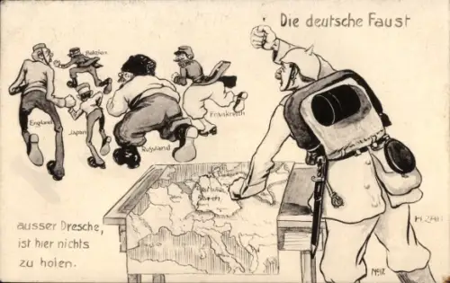 Künstler Ak Zahl,Die deutsche Faust, fliehende Feinde, Russland, England, Japan, Belgien, Frankreich