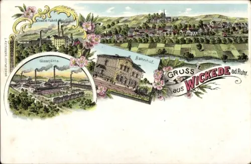 Litho Wickede an der Ruhr, Totalansicht, Zementfabrik, Glashütte, Bahnhof