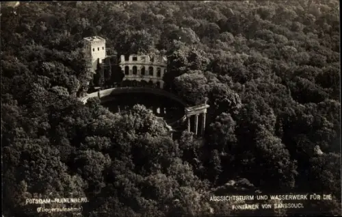 Ak Potsdam, Ruinenberg, Fliegeraufnahme, Aussichtsturm und Wasserwerk für die Fontänen von Sanssouci