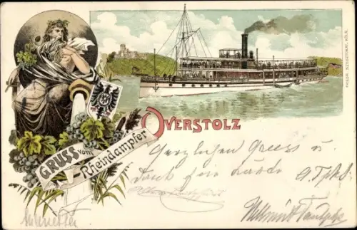 Litho Gruß vom Rheindampfer Overstolz, Wappen, Rheindampfschifffahrt