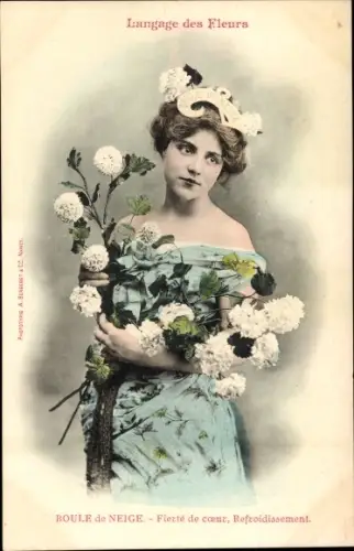 Ak Langage des Fleurs, Boule de Neige, Blumen, Frau