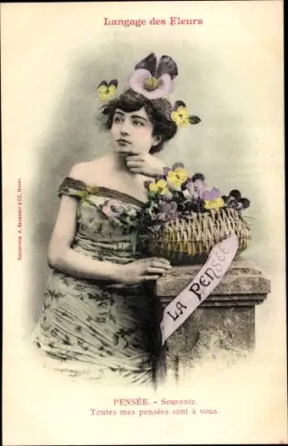 Ak Langage des Fleurs, Pensée, Stiefmütterchen, Blumensprache, Frau