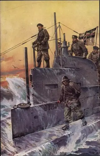Künstler Ak Stöwer, Willy, Deutsches U Boot, Kommandoturm, Seeleute, Kaiserliche Marine