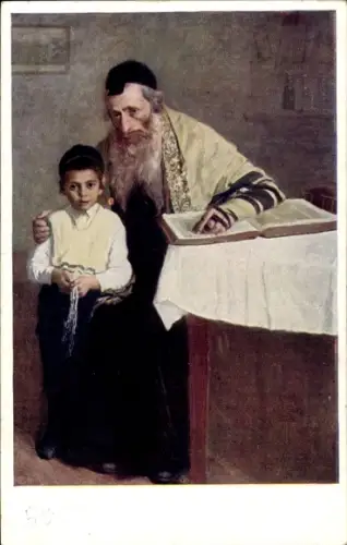 Künstler Ak Krestin, Morgengebet, Großvater, Enkel, Talmud