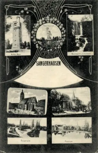 Passepartout Ak Sangerhausen am Harz, Moltke-Warte, Kirche, Rosarium, Stadtpark