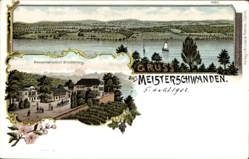 Litho Meisterschwanden Kanton Aargau, Gesamtansicht, Wasserheilanstalt Brestenberg