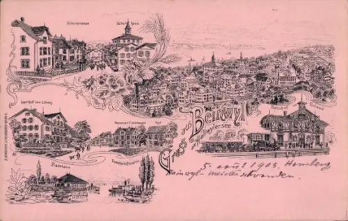 Litho Beinwyl Beinwil Kanton Solothurn, Gesamtansicht, Badehaus, Schulhaus