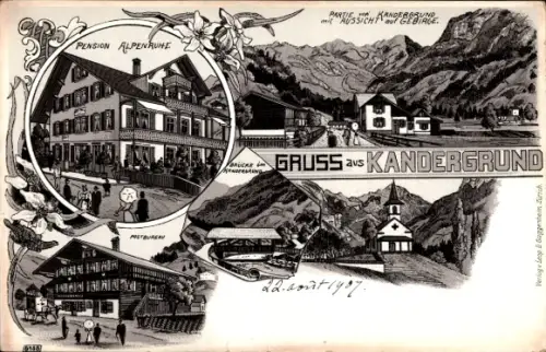 Litho Kandergrund Kanton Bern, Pension Alpenruhe, Gebirge