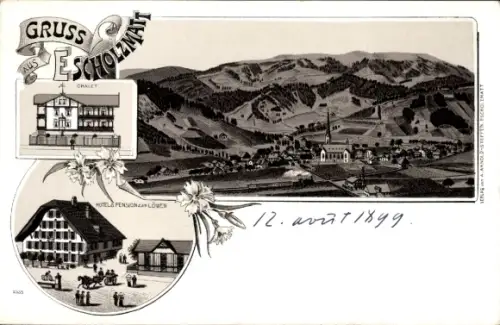 Litho Escholzmatt Kanton Luzern, Gesamtansicht, Chalet, Hotel und Pension zum Löwen