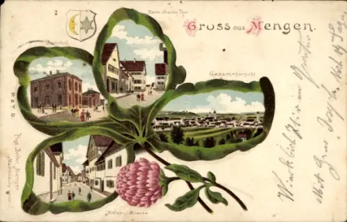 Kleeblatt Litho Mengen in Oberschwaben Württemberg, Bahnhof, oberes Tor, Mittlere Straße, Panorama