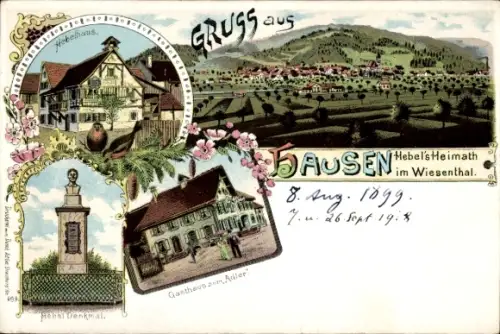 Litho Hausen im Wiesental, Hebelhaus, Gasthaus zum Adler, Hebel-Denkmal, Gesamtansicht