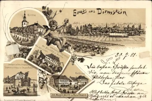Litho Dirmstein in der Pfalz, Janson'sches Anwesen, Stammschloss Sturmfeder, Kaufmann Joh. Magin