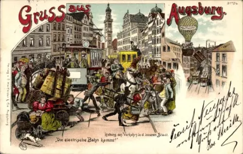 Litho Augsburg in Schwaben, Die elektrische Bahn kommt!, Straßenbahn, Ballon