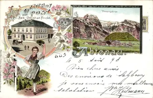 Litho Abtenau in Salzburg, Gasthof zur Post, Bes. Christian Frickh., Frau in Tracht, Panorama