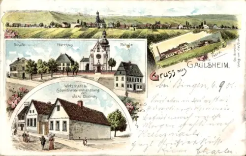 Litho Gaulsheim Bingen Rhein, Wirtschaft u. Geschäft Jak. Storch, Fabrik, Kirche, Pfarrhaus, Schule