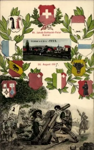 Wappen Passepartout Ak Basel Stadt Schweiz, St. Jakob Schlacht Feier 1907, St. Jakob a.d. Birs 1444