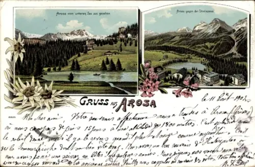 Litho Arosa Kanton Graubünden Schweiz, Panorama vom unteren See, Strelapass