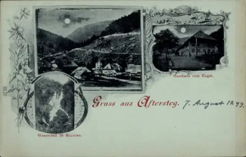 Mondschein Ak Aftersteg Todtnau im Schwarzwald, Gasthaus zum Engel, Wasserfall