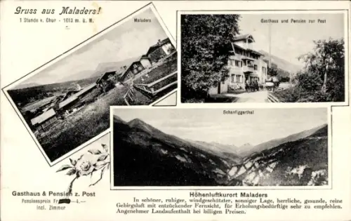 Ak Maladers Kanton Graubünden, Panorama, Gasthaus und Pension zur Post, Schanfiggertal