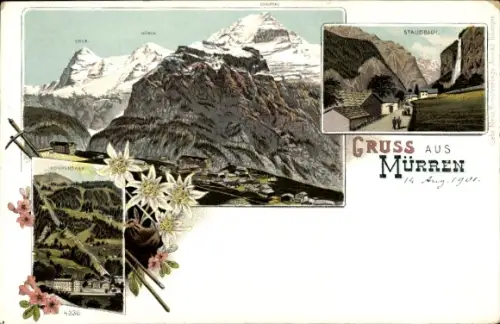 Litho Mürren Kanton Bern Schweiz, Bergpanorama, Staubbach