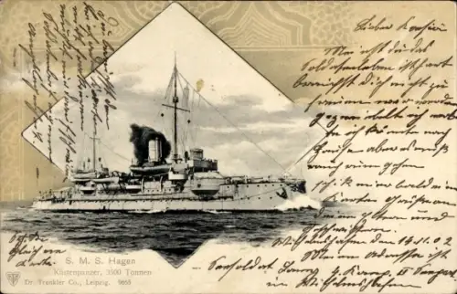 Passepartout Ak Deutsches Kriegsschiff, SMS Hagen, Küstenpanzerschiff, Kaiserliche Marine