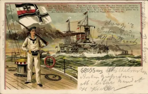 Präge Litho Deutsches Kriegsschiff, Kaiserliche Marine, Stolz weht die Flagge schwarz weiß rot
