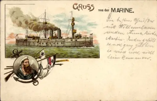 Litho Deutsches Kriegsschiff, Kaiserliche Marine, Seemann, Flaggen