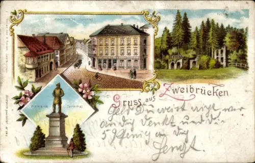 Litho Zweibrücken in der Pfalz, Hauptstraße, Bismarck-Denkmal