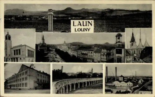 Ak Louny Laun Region Aussig, Panorama, Kirchen, Viadukt