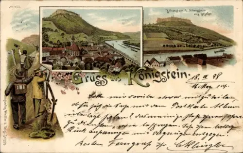 Litho Königstein an der Elbe Sächsische Schweiz, Gesamtansicht, Wanderer