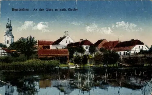 Ak Zbąszyń Bentschen Posen, an der Obra mit katholischer Kirche