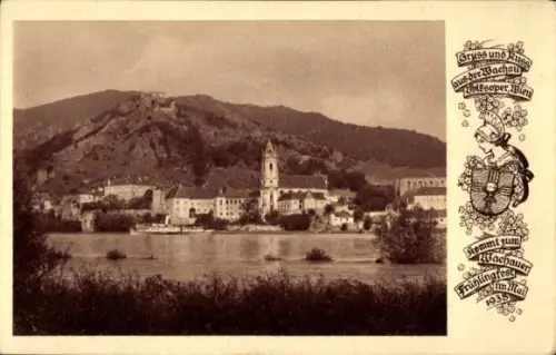 Ak Dürnstein an der Donau Wachau Niederösterreich, Stadtblick mit Eildampfer, Wappen
