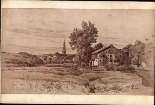Künstler Ak H. v. Preen, Braunau am Inn Oberösterreich, Braunau vom Tal aus