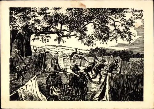 Künstler Ak Hans Doblmayer, Peuerbach Oberösterreich, Bauernlager, große Linde am Tobelhof 1626