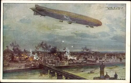 Künstler Ak Schulze, Hans Rudolf, Zeppelin, Luftschiff Schütte Lanz, Warschau bombardierend, I. WK